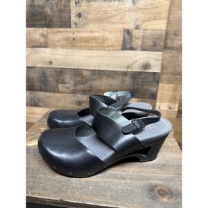 Dansko Black Leather Slingback Clogs Buckle Strap Block Heel Shoes Womens